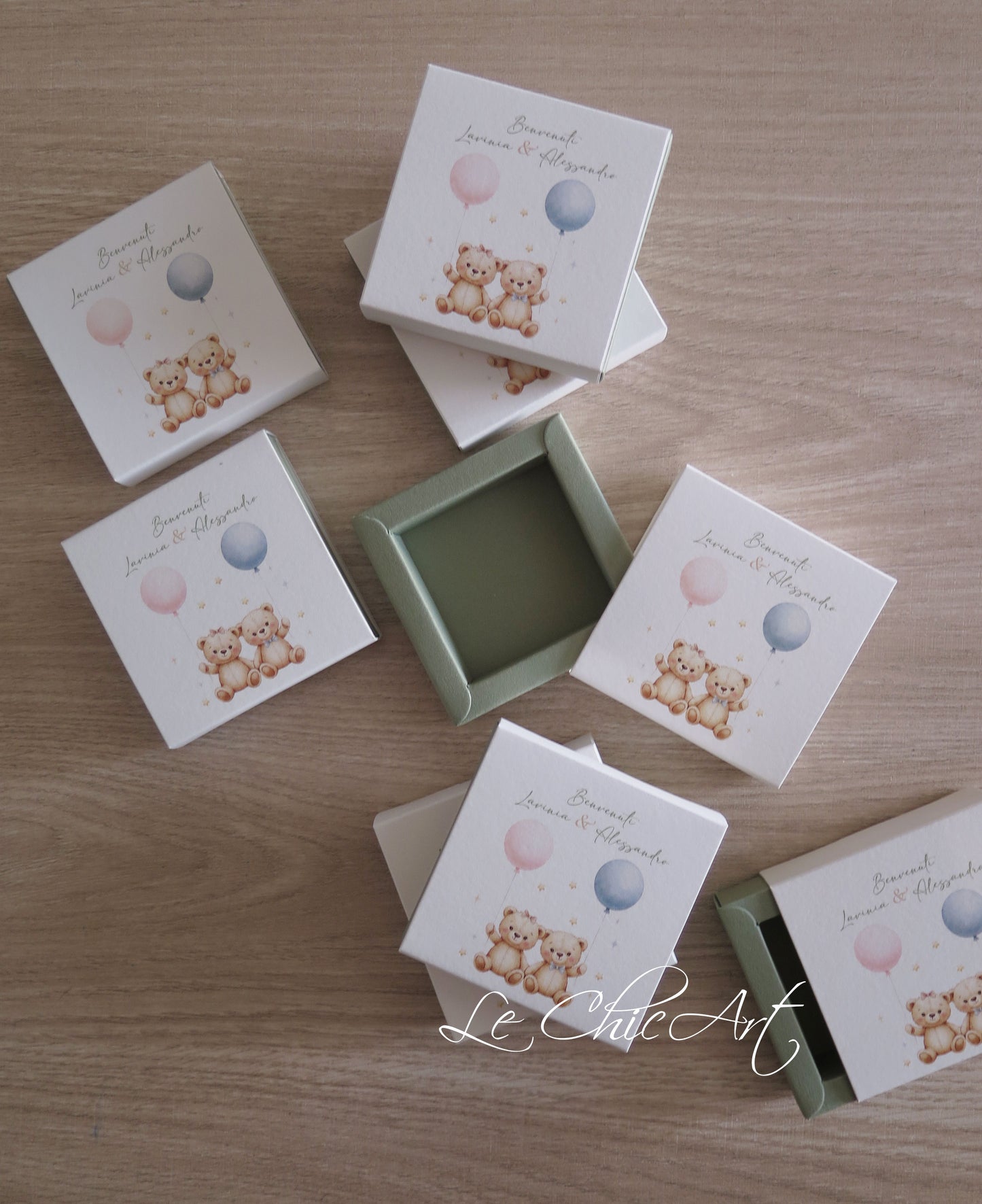 Set 20 Scatoline Portaconfetti Nascita Orsetti Gemelli | 3 Tipologie | 8x8x2cm Personalizzate