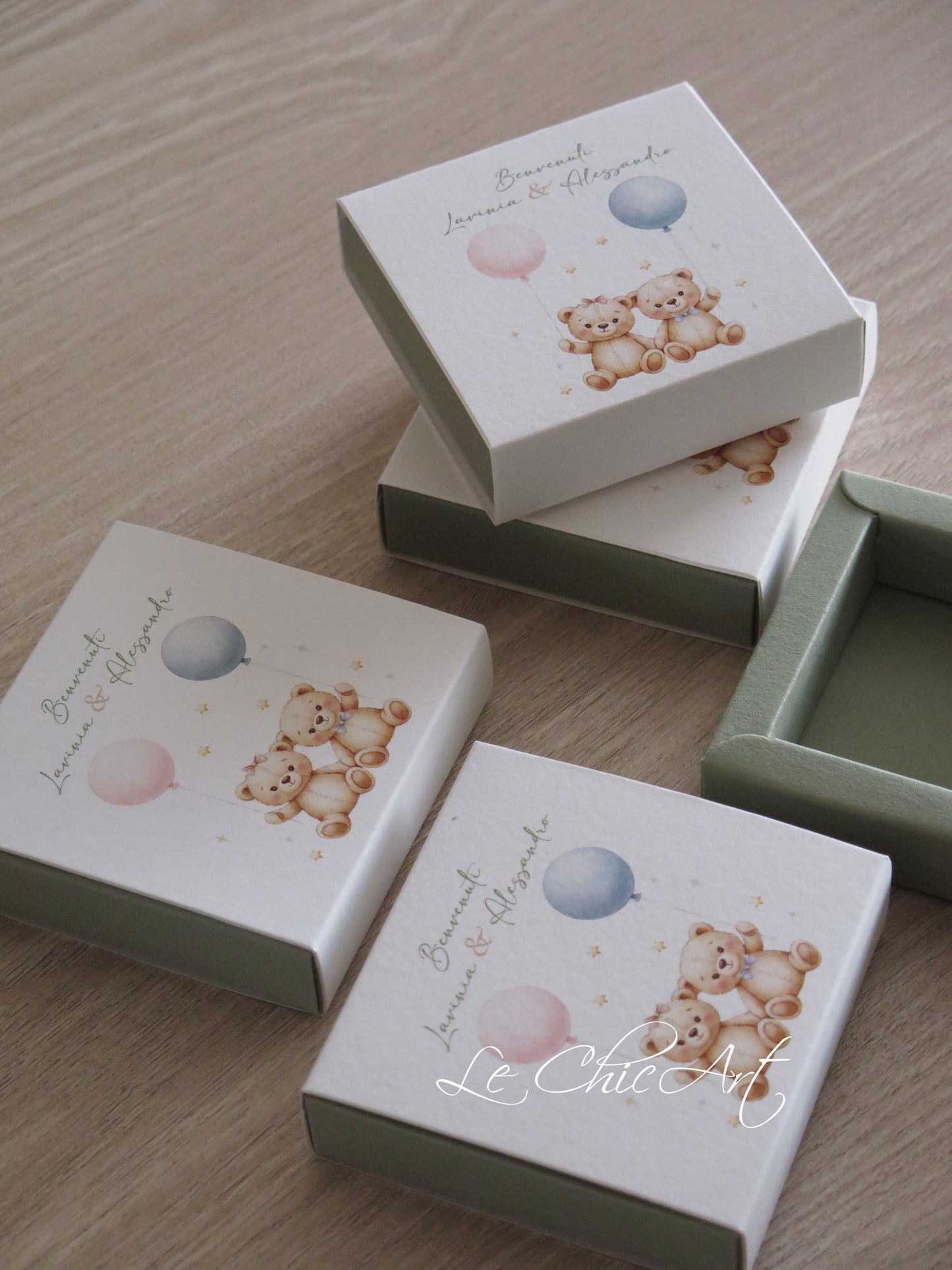Set 20 Scatoline Portaconfetti Nascita Orsetti Gemelli | 3 Tipologie | 8x8x2cm Personalizzate