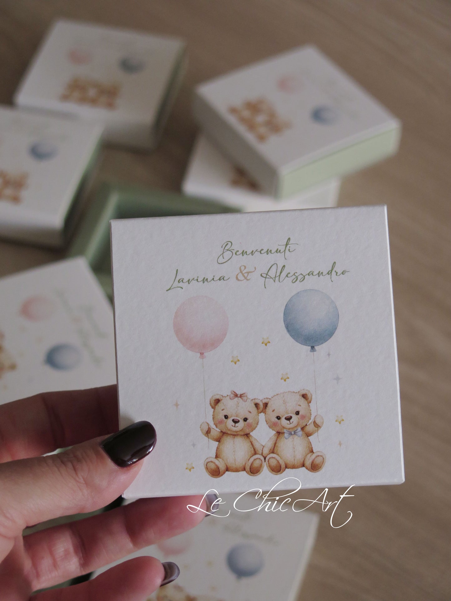 Set 20 Scatoline Portaconfetti Nascita Orsetti Gemelli | 3 Tipologie | 8x8x2cm Personalizzate