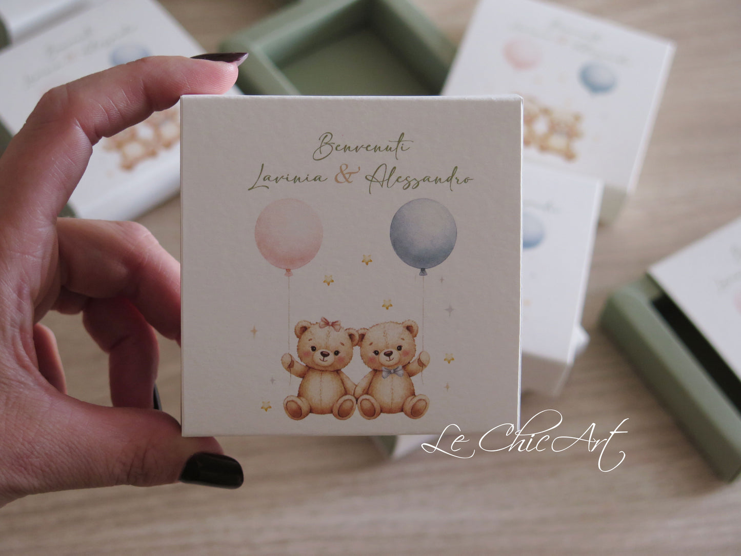 Set 20 Scatoline Portaconfetti Nascita Orsetti Gemelli | 3 Tipologie | 8x8x2cm Personalizzate