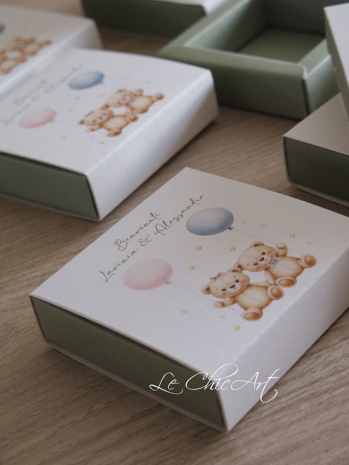 Set 20 Scatoline Portaconfetti Nascita Orsetti Gemelli | 3 Tipologie | 8x8x2cm Personalizzate