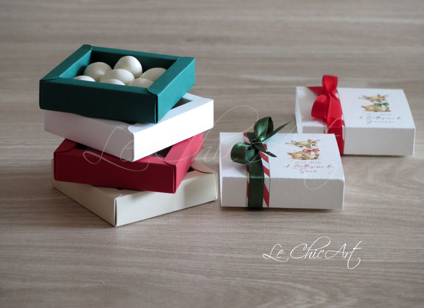 Set bomboniere scatole a sfilo tema natalizio con renna e motivi bosco rosso verde - Portaconfetti battesimo nascita