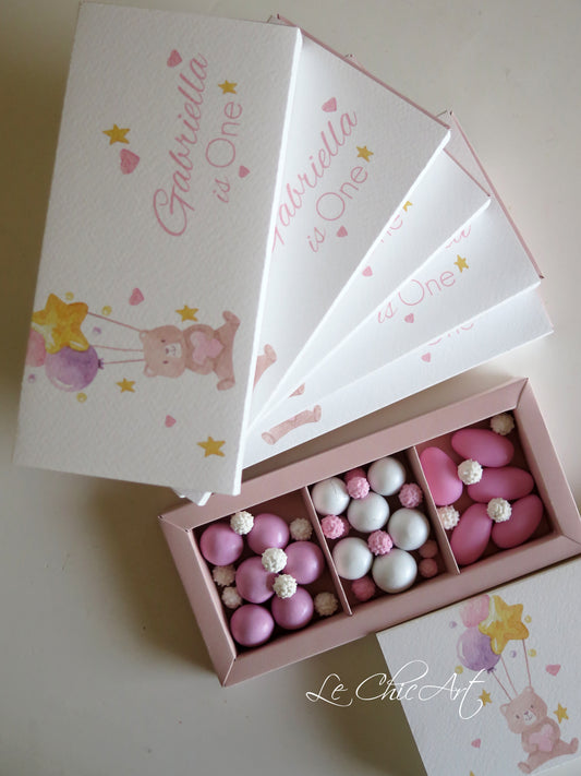 Set 10 scatole degustazione rosa cipria 17x8x2cm con orsetto e palloncini per primo compleanno