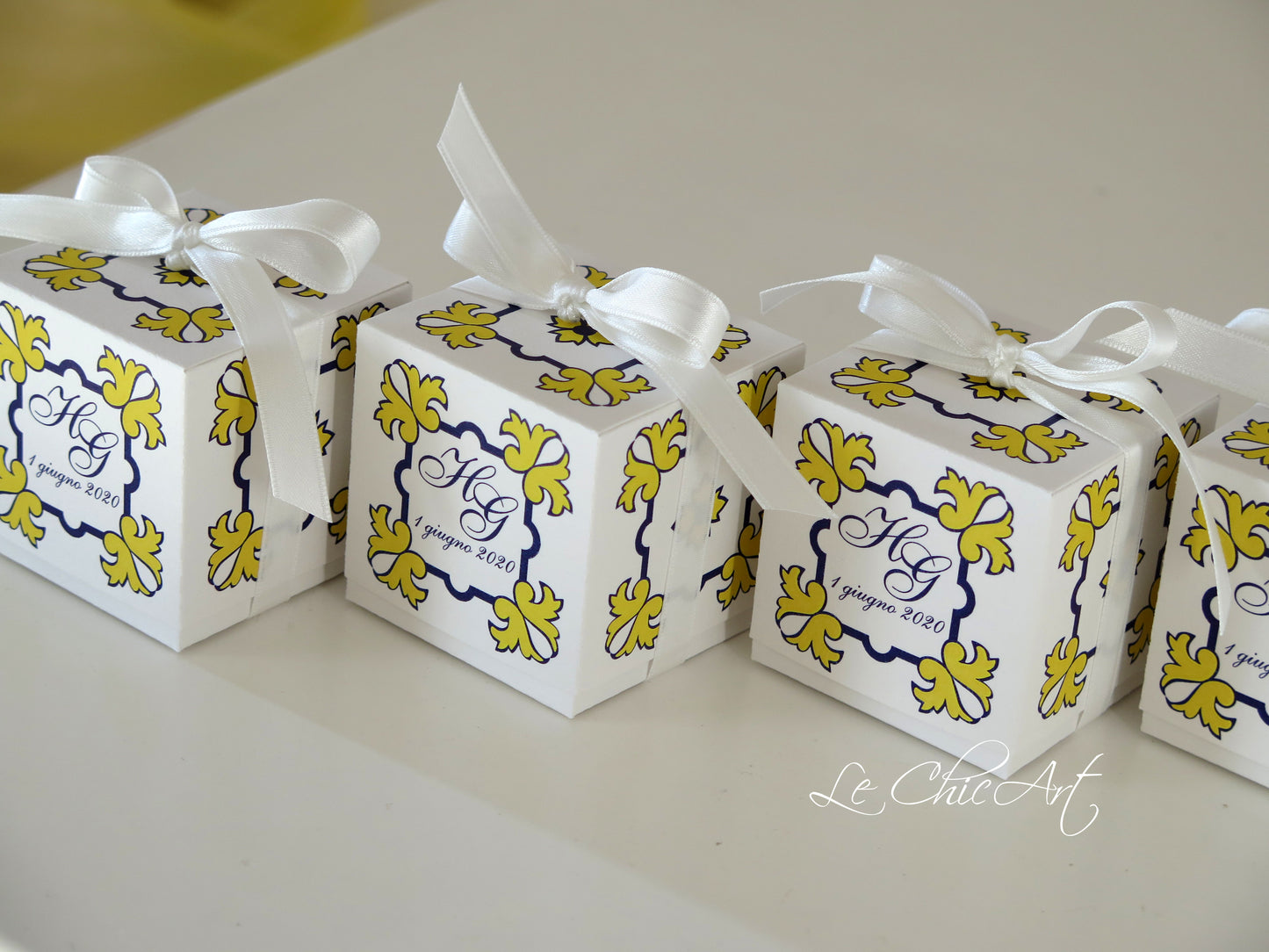 Set Scatola portaconfetti cubo Tema Limoni e Maiolica Stile Mediterraneo