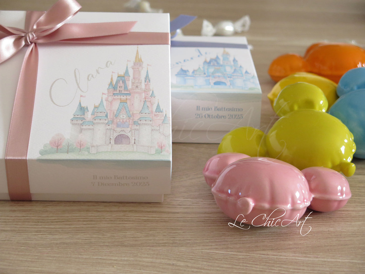 Collezione bomboniere palloncino Minni Topolino ceramica - panoramica completa dei 5 colori disponibili: rosa antico, turchese, arancione, giallo, lime
