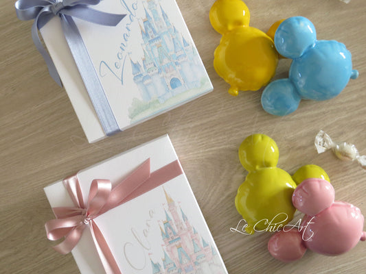 Bomboniera Minni e Topolino palloncino ceramica da appendere rosa antico - vista frontale dettagliata con personaggi Disney dipinti a mano
