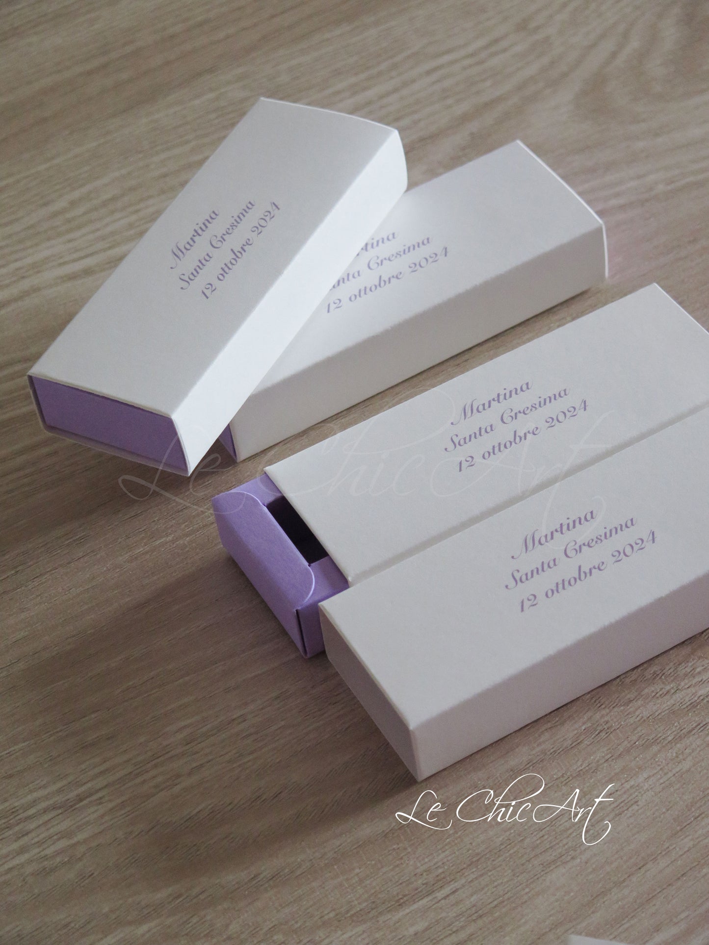 Set scatole porta confetti minimal lilla cresima con testo personalizzato