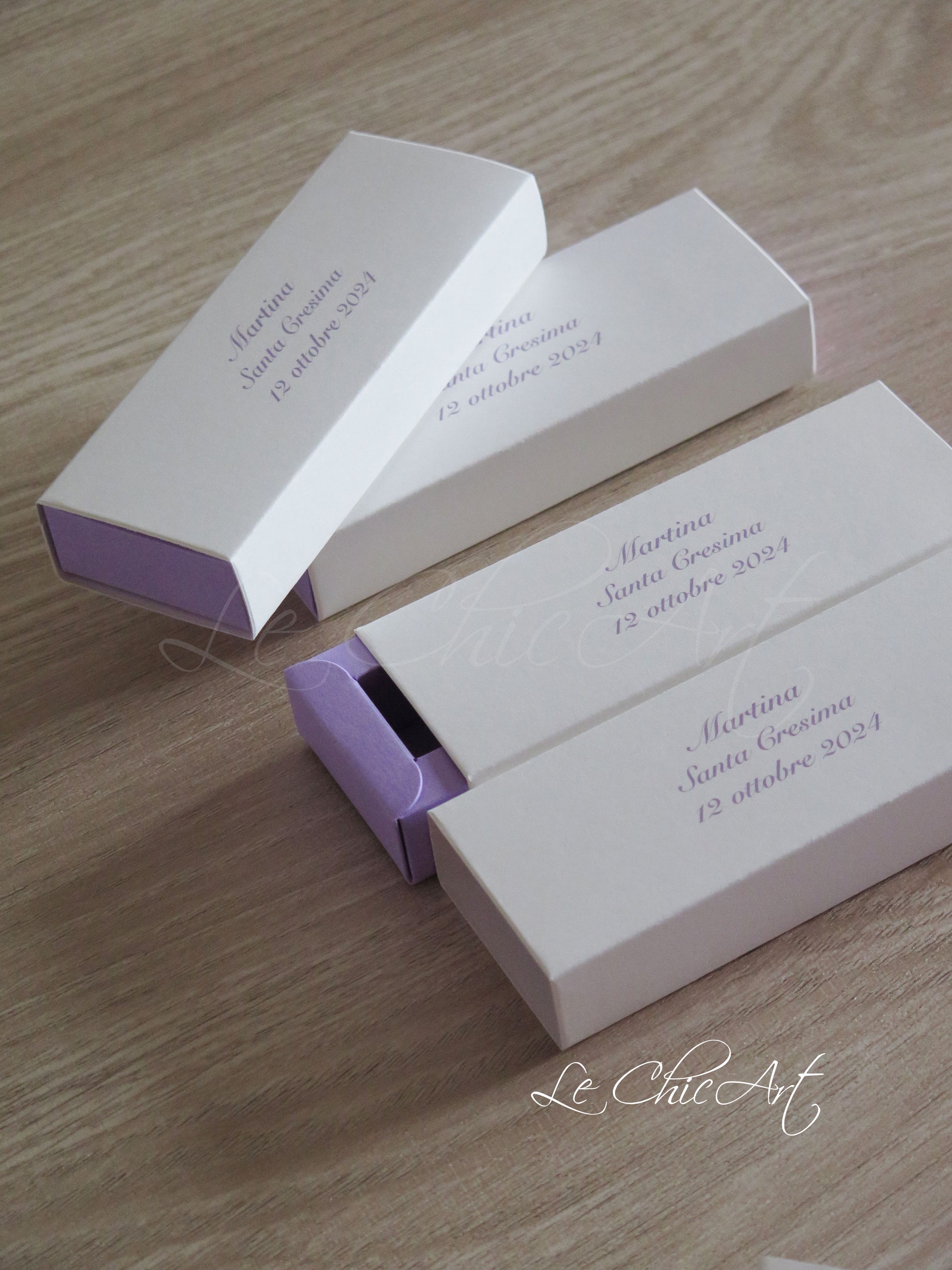 Set scatole porta confetti minimal lilla cresima con testo personalizzato