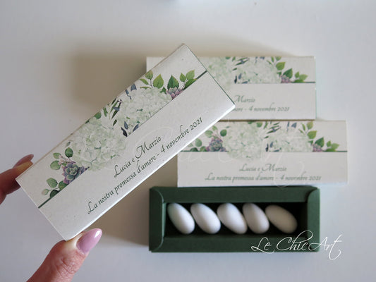 Scatole porta confetti sfilo ortensie romantiche per promessa matrimonio personalizzabili
