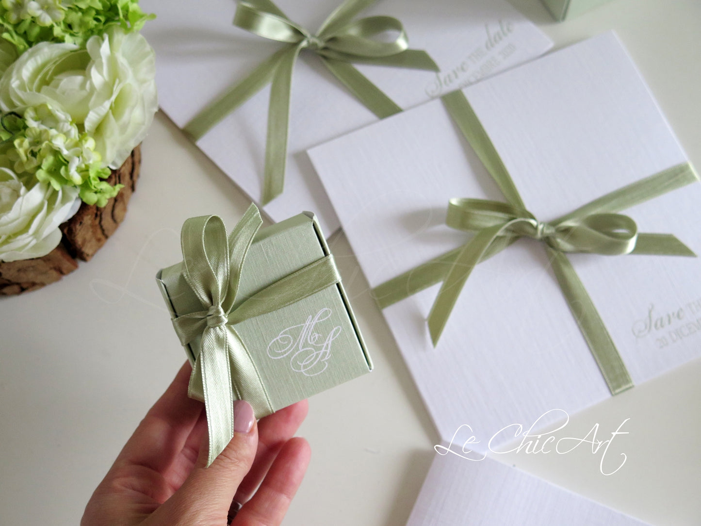 Set 20 scatole porta confetti promessa matrimonio verde salvia quadrate eleganti