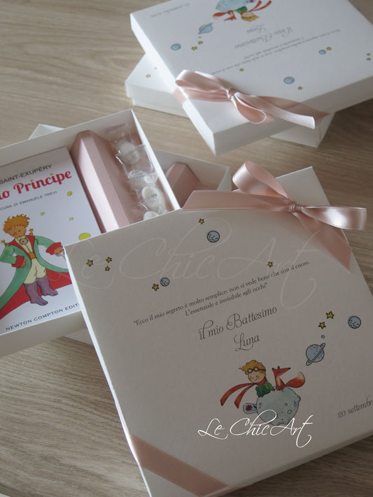 Set di 10 bomboniere Il Piccolo Principe in scatola rosa cipria con fondo e coperchio