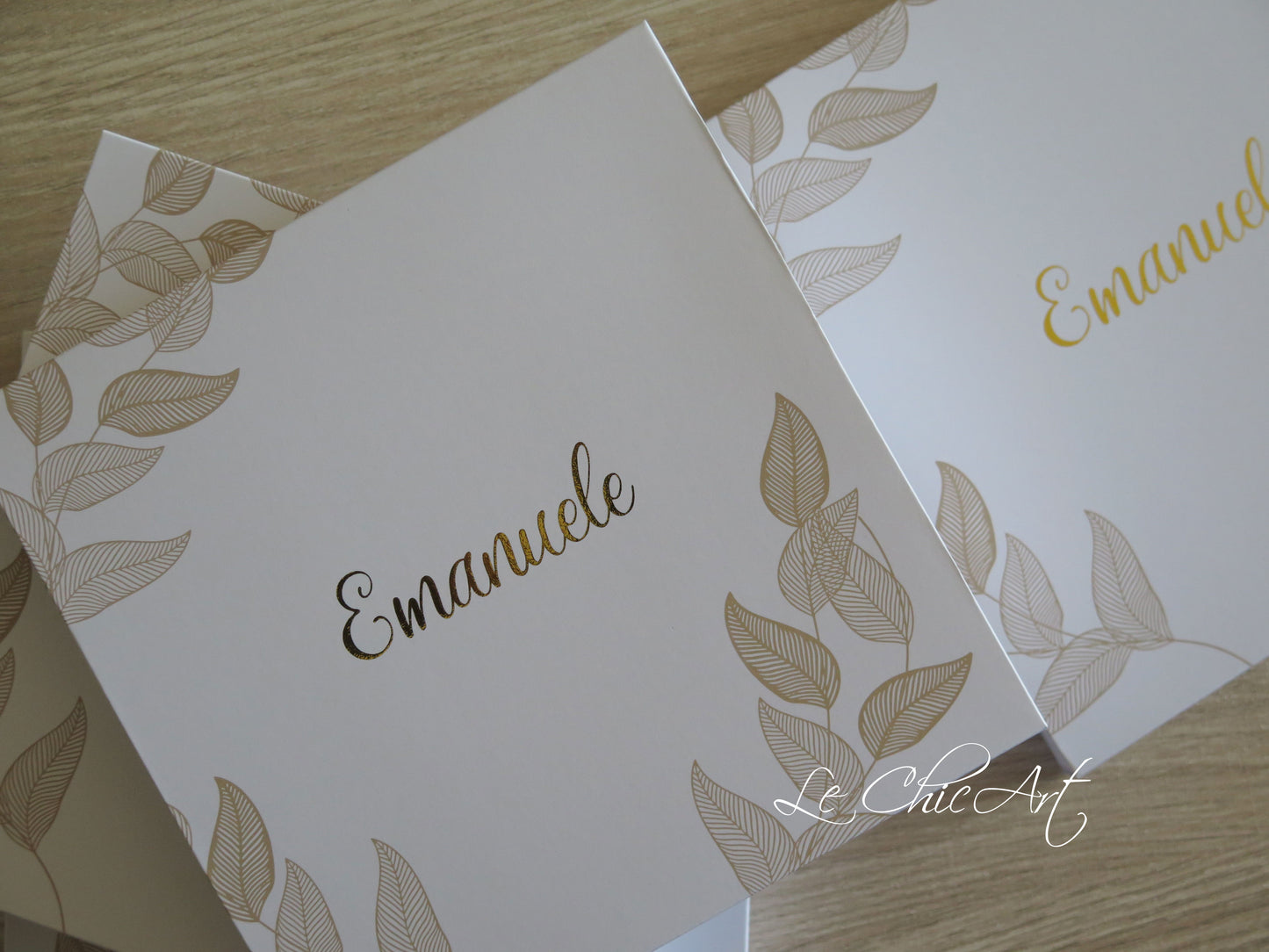 foglie bronzo, laminazione oro lucido, grafica botanica