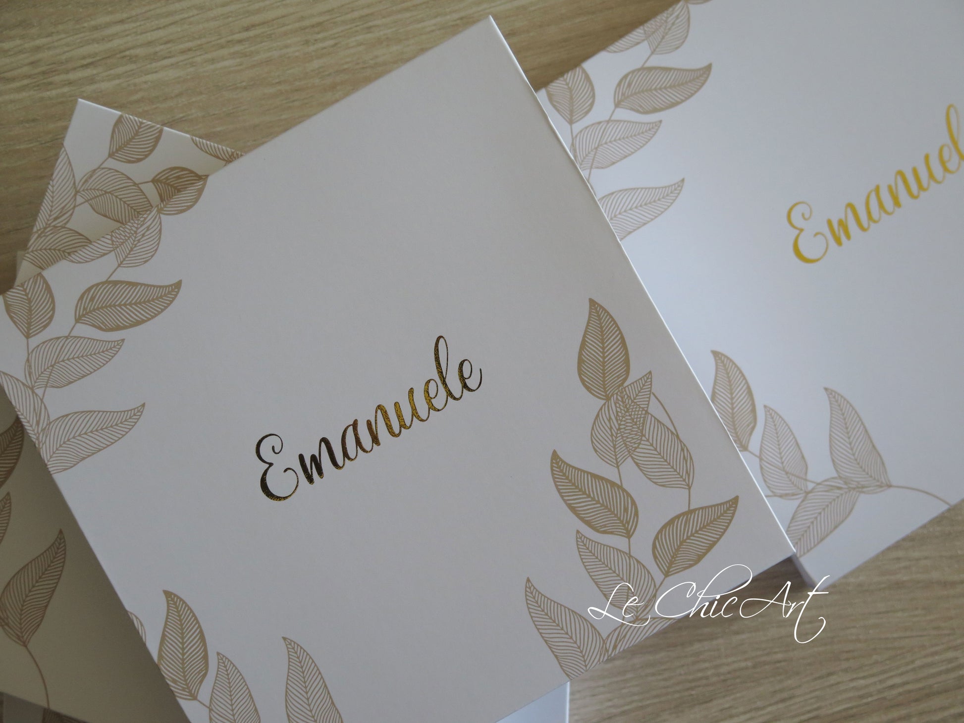 foglie bronzo, laminazione oro lucido, grafica botanica