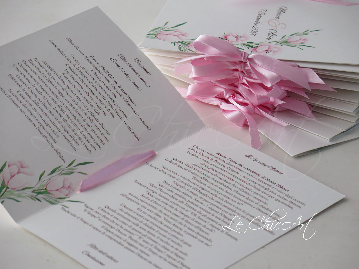 Set 20 libretti pieghevoli matrimonio rito civile rosa baby personalizzabili con nastro raso